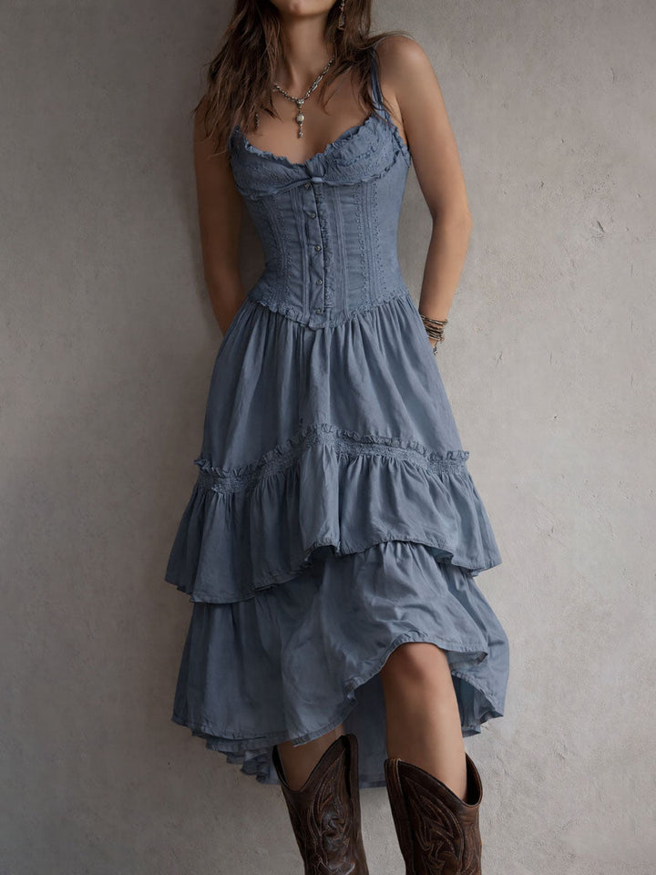 Vestido Midi Camisolado Retro Boho com Renda