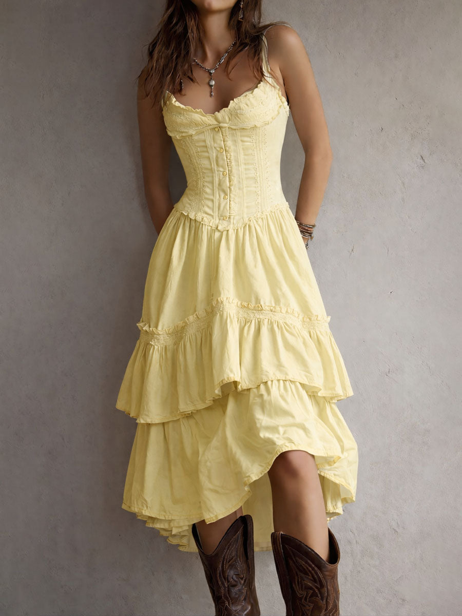 Vestido Midi Camisolado Retro Boho com Renda