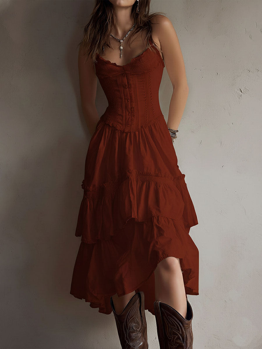 Vestido Midi Camisolado Retro Boho com Renda