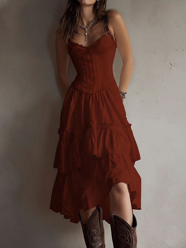 Vestido Midi Camisolado Retro Boho com Renda