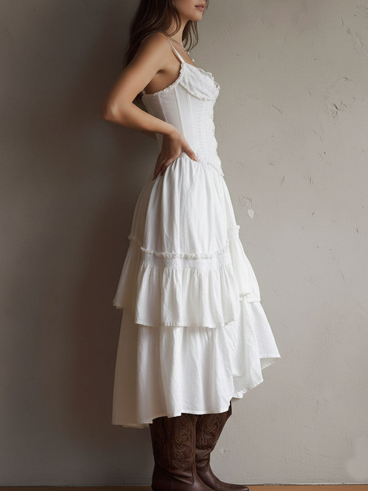 Vestido Midi Camisolado Retro Boho com Renda