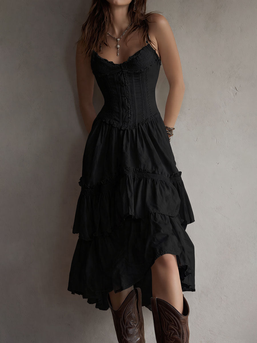 Vestido Midi Camisolado Retro Boho com Renda