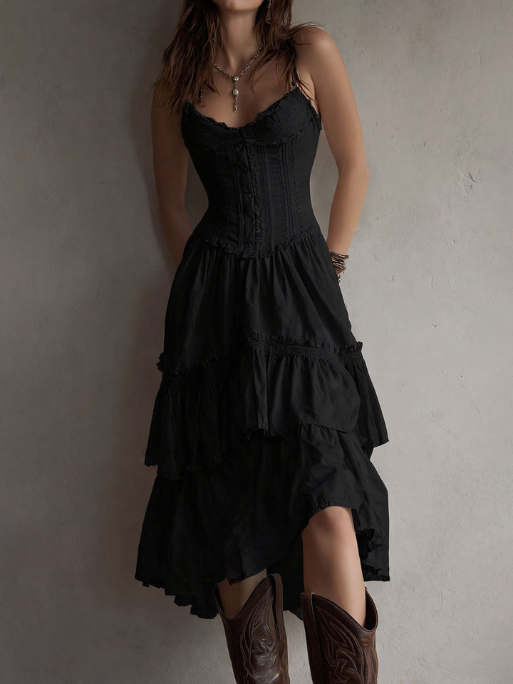 Vestido Midi Camisolado Retro Boho com Renda