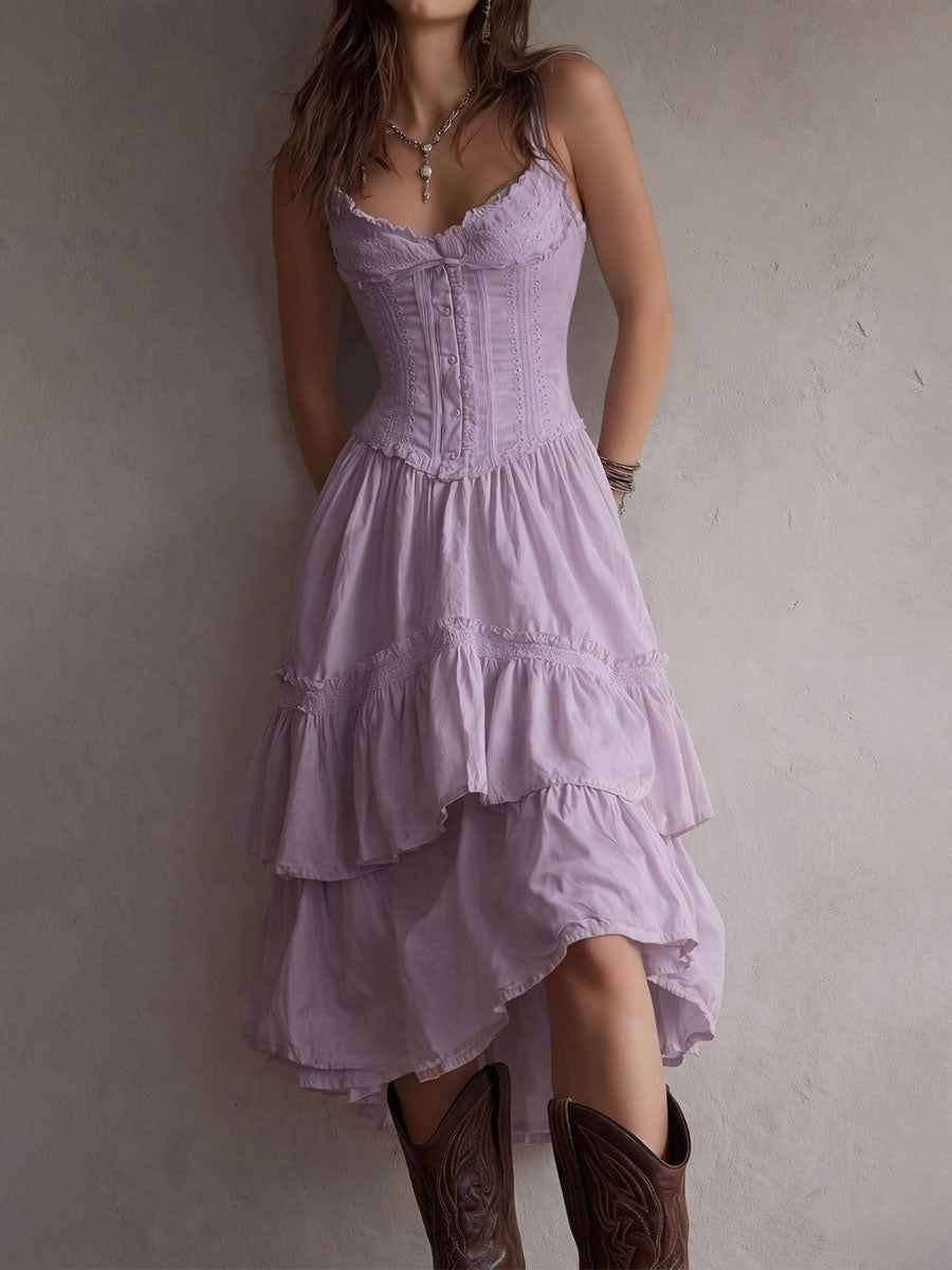 Vestido Midi Camisolado Retro Boho com Renda