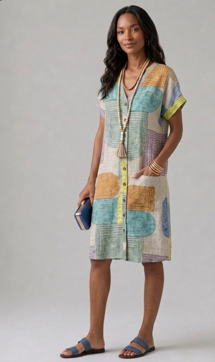 Fenella | Vestido de Manga Curta com Decote em V até ao Joelho