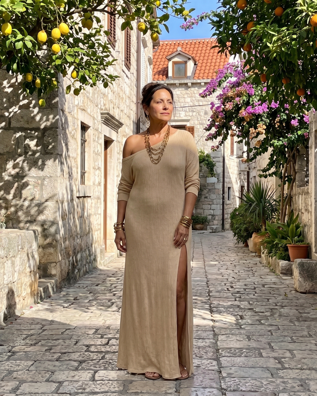 Asterelle | Vestido Midi Fluido com Um Ombro e Fenda Lateral