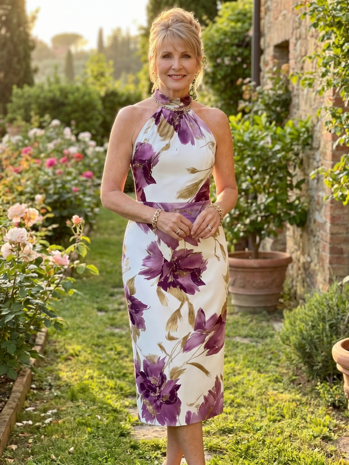 Zinnara | Vestido Midi com Decote Halter e Estampado Floral