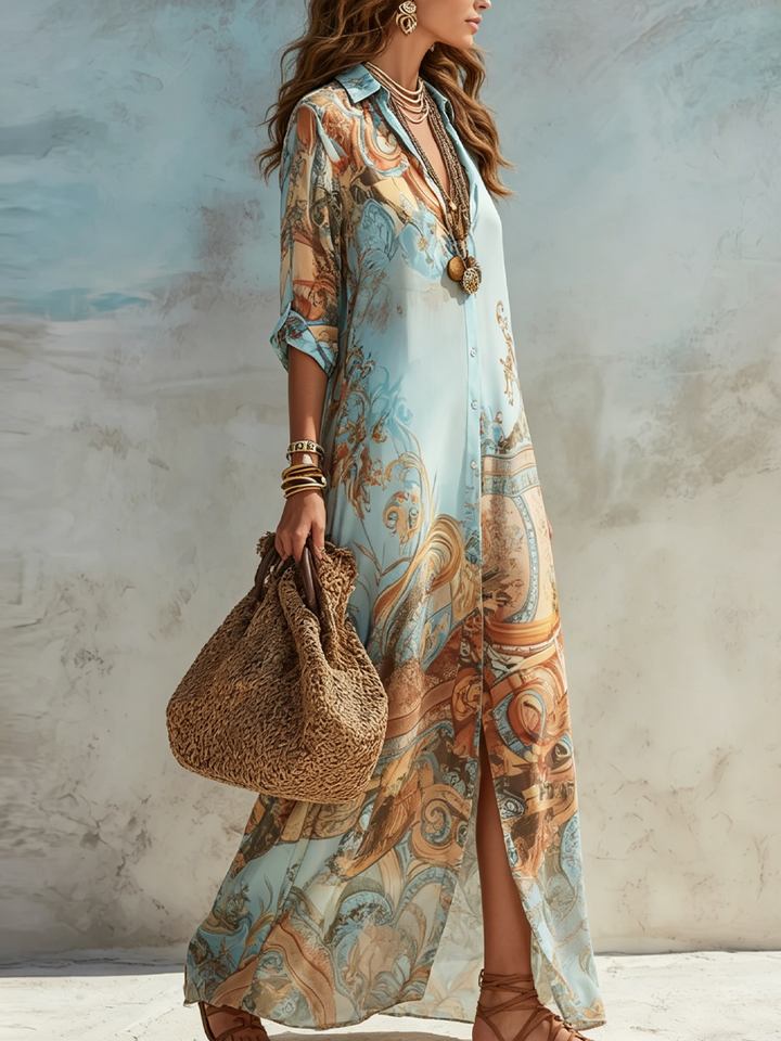 Vestido Maxi de Chiffon Azul Estilo Barroco