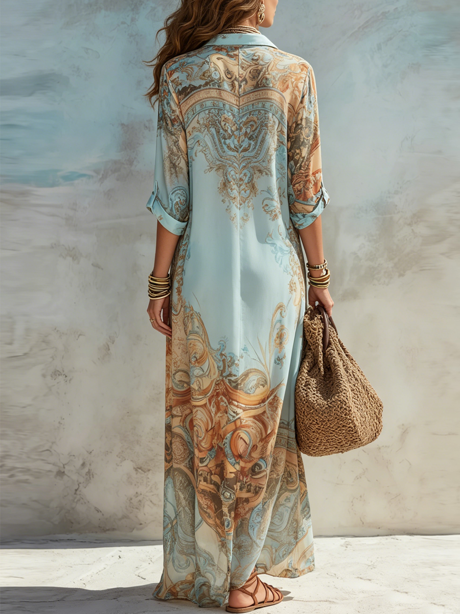 Vestido Maxi de Chiffon Azul Estilo Barroco