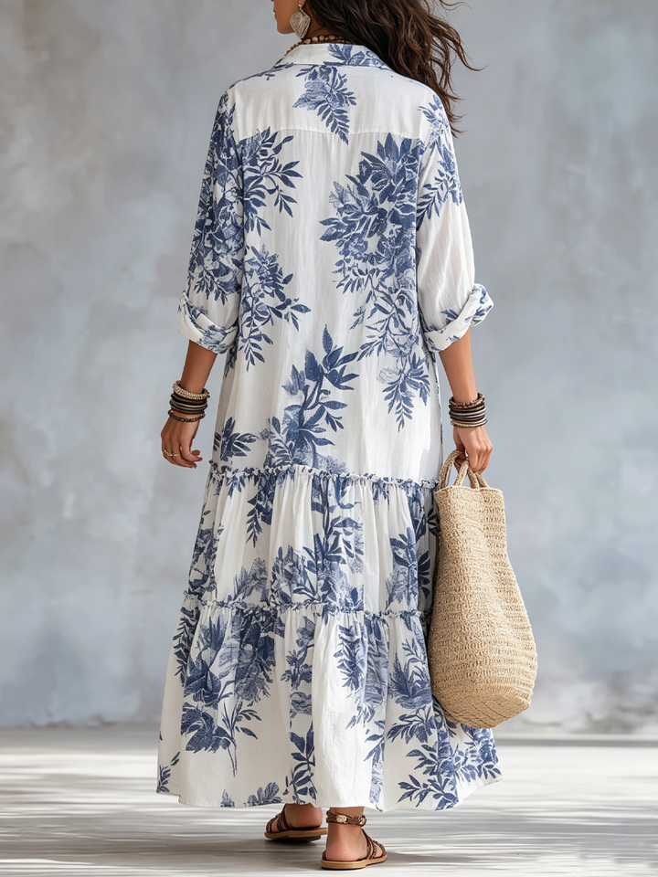Vestido Maxi Azul Floral com Botões Boémio