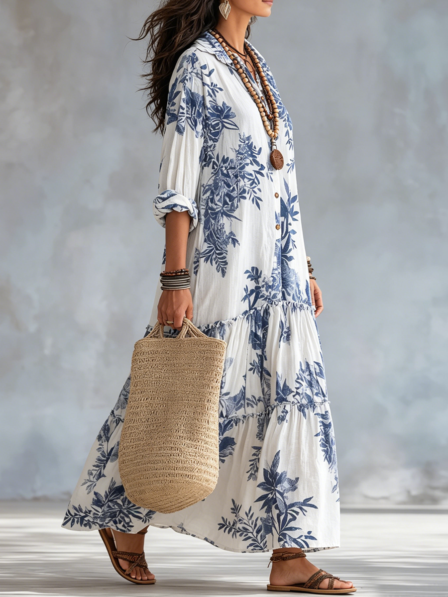 Vestido Maxi Azul Floral com Botões Boémio