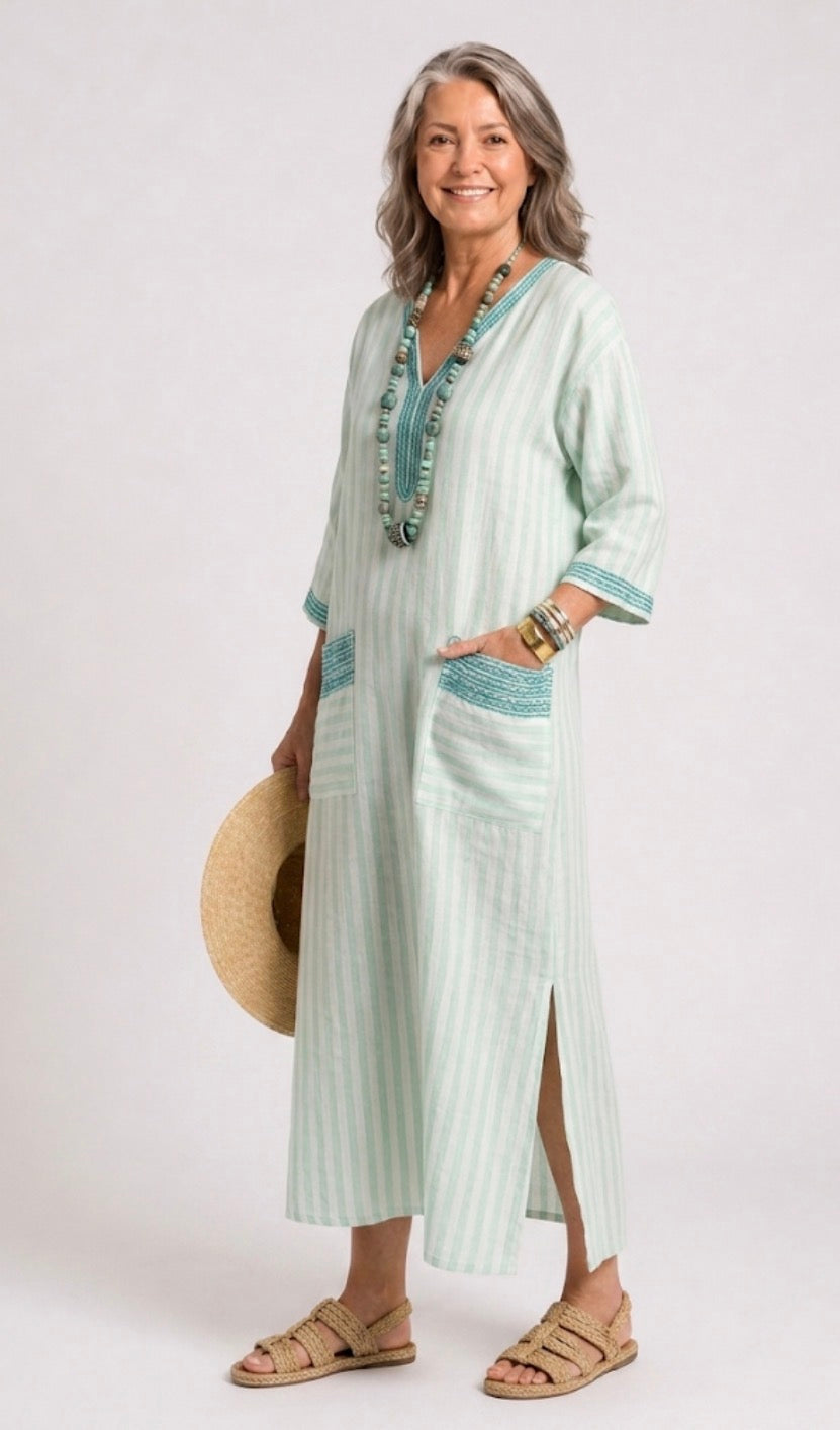 Velis | Vestido Midi de Decote em V com Riscas e Bolso