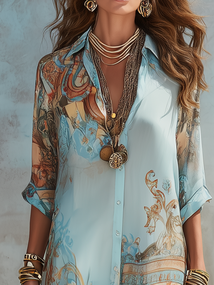 Vestido Maxi de Chiffon Azul Estilo Barroco