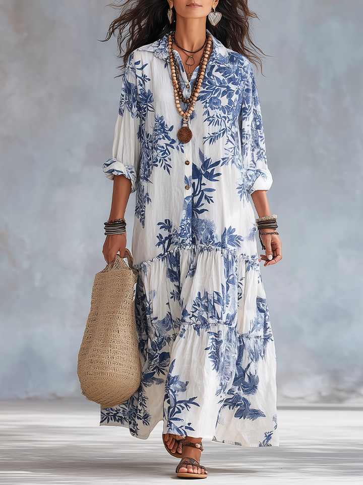 Vestido Maxi Azul Floral com Botões Boémio