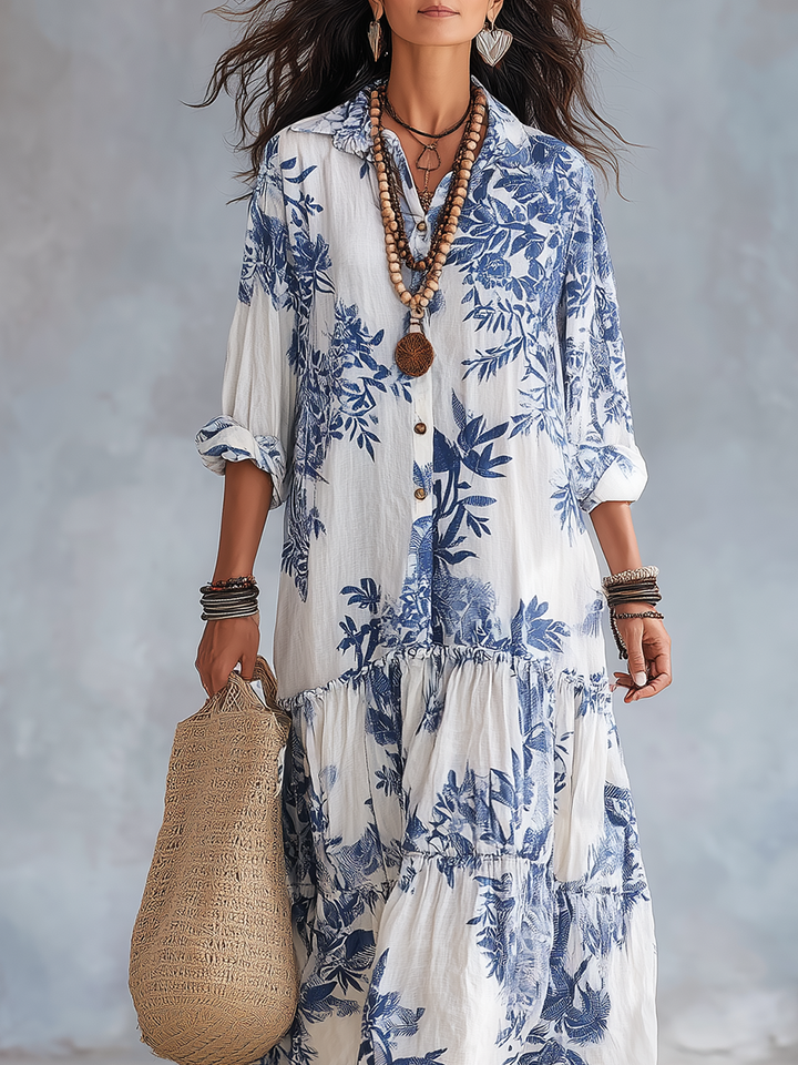 Vestido Maxi Azul Floral com Botões Boémio