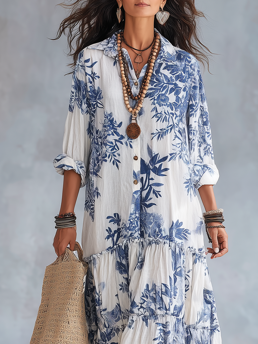 Vestido Maxi Azul Floral com Botões Boémio