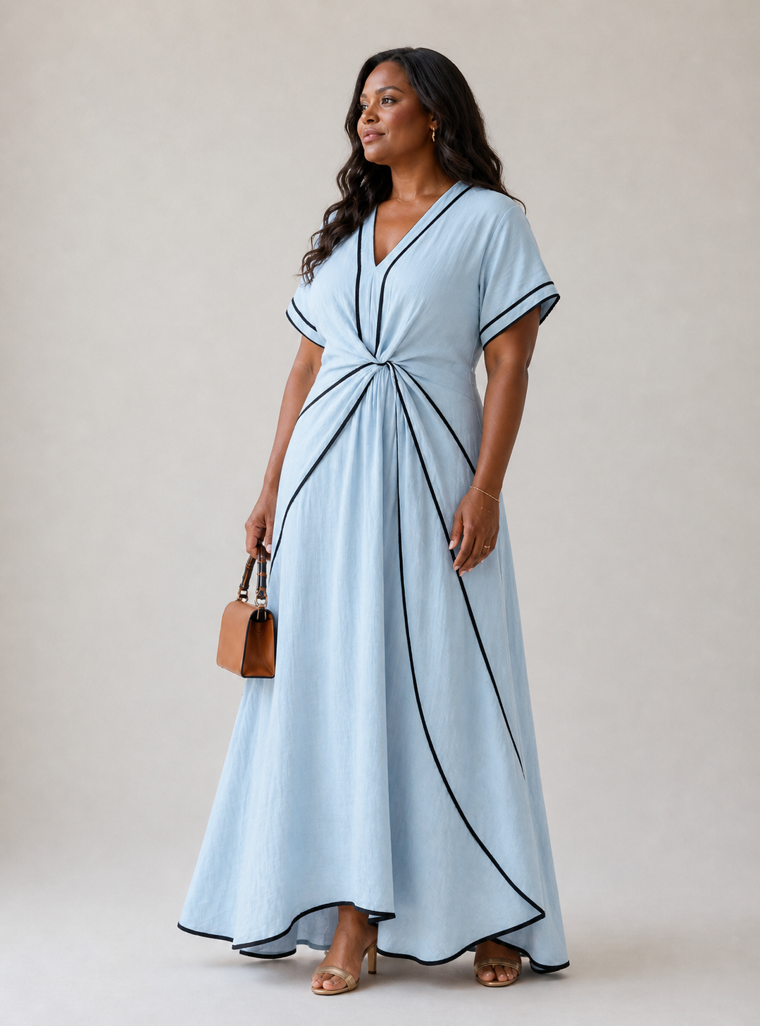 Linnea | Vestido midi de manga curta com decote em V e cintura franzida