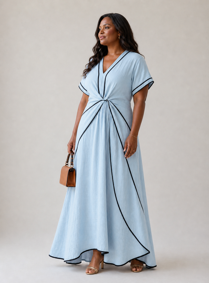 Linnea | Vestido midi de manga curta com decote em V e cintura franzida
