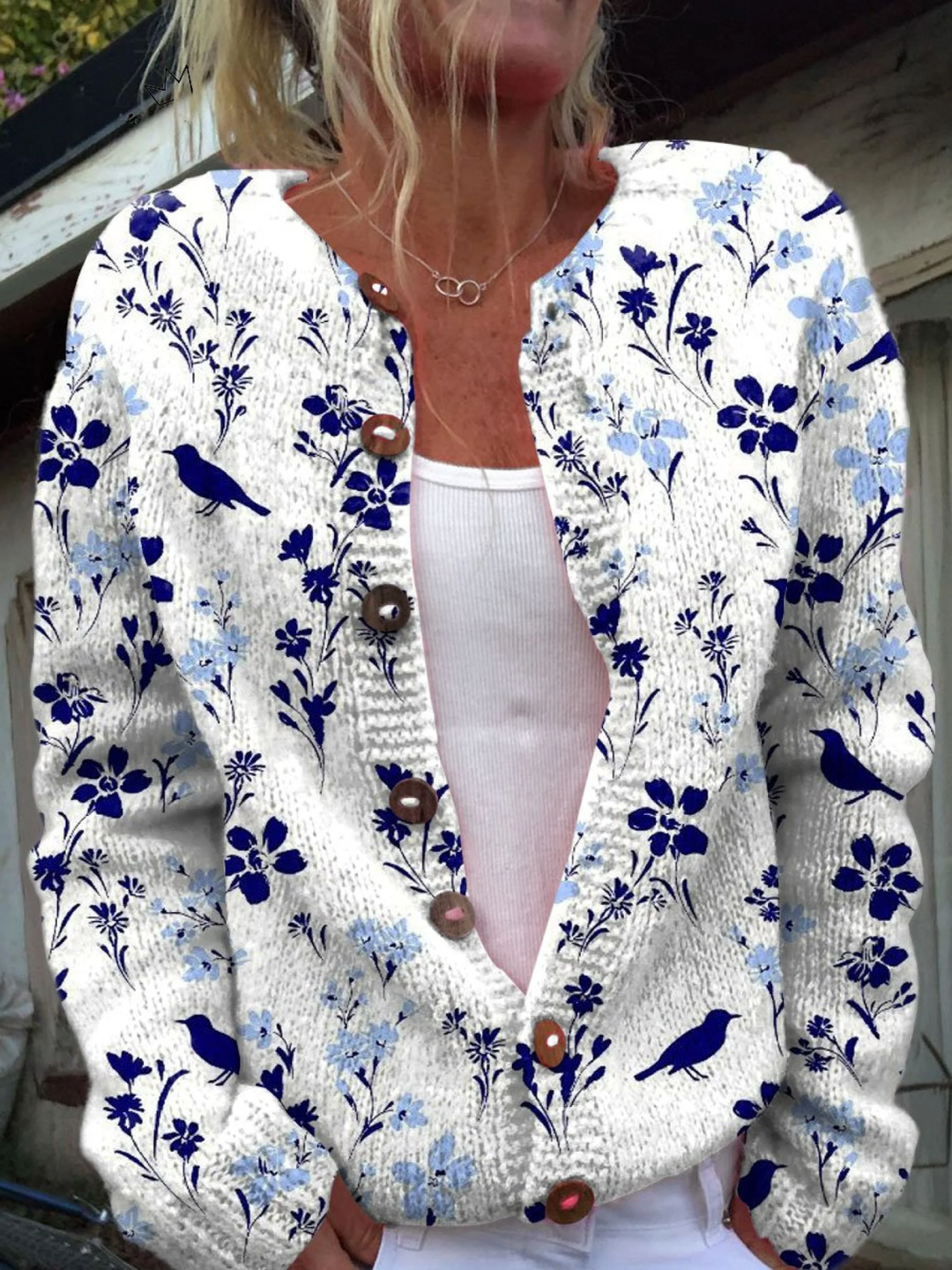 Vynora™ | Cardigan de Botões com Estampa de Pássaros Florais Vintage