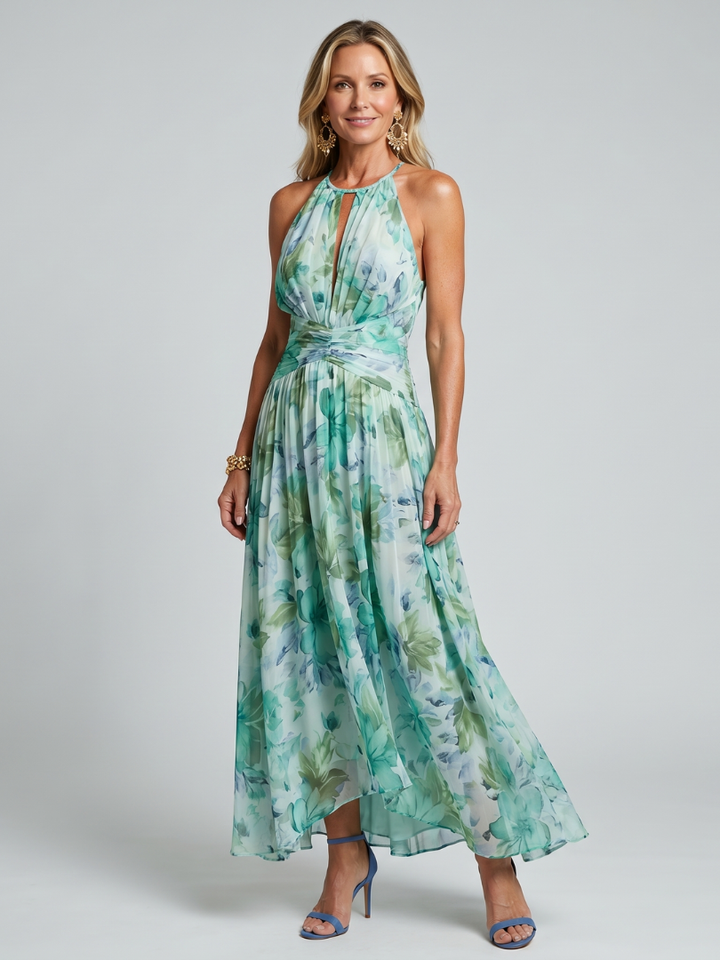 Portia | Vestido Midi de Flores com Pregas e Decote Halter