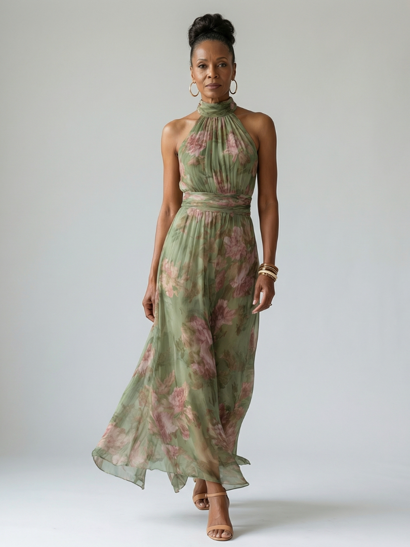 Mirelle | Vestido Midi com Decote Halter Fruncido