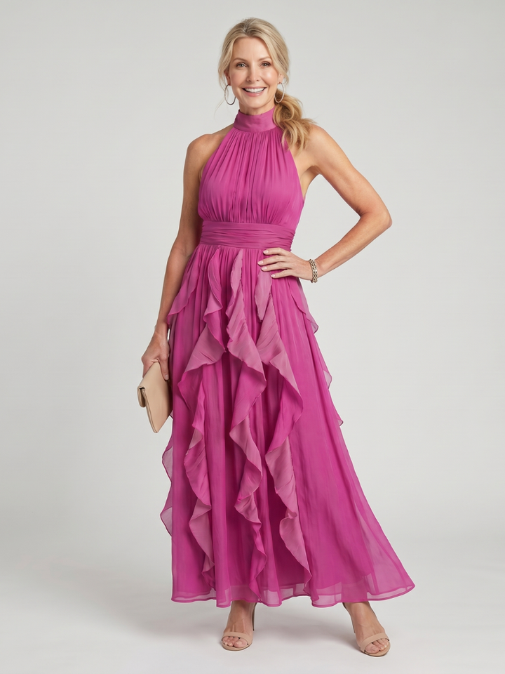 Orea | Vestido Maxi com Decote Alto e Camadas de Volantes