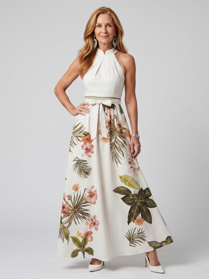 Pradera | Vestido Maxi de Painel Botânico com Decote Halter Drapado