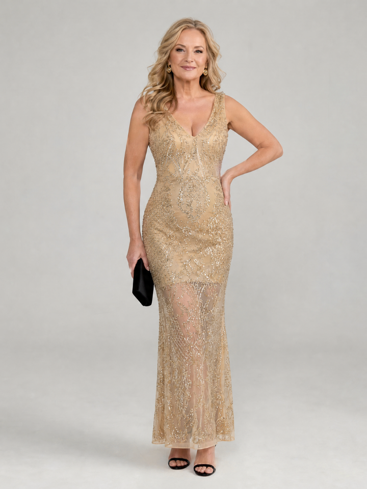 Sirea | Vestido Midi Sem Mangas com Painéis Transparentes e Lantejoulas