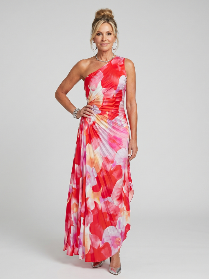 Taya | Vestido Midi com Corpo Plissado de Um Ombro