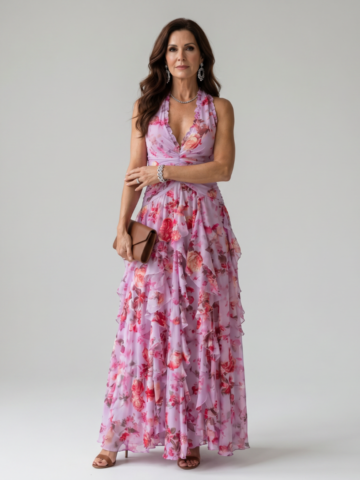 Nori | Vestido Maxi Floral com Decote Halter e Corpo Fruncido