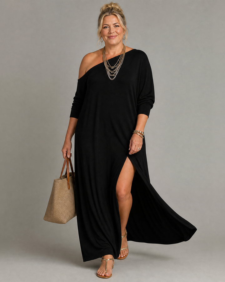 Asterelle | Vestido Midi Fluido com Um Ombro e Fenda Lateral