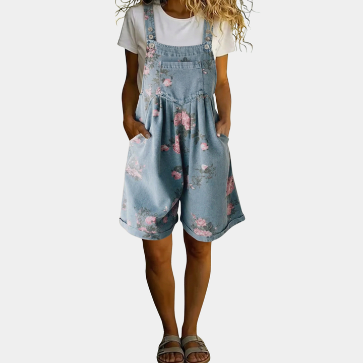 Judy | Macacão Floral em Denim Lavado Vintage com Toque de Algodão Macio