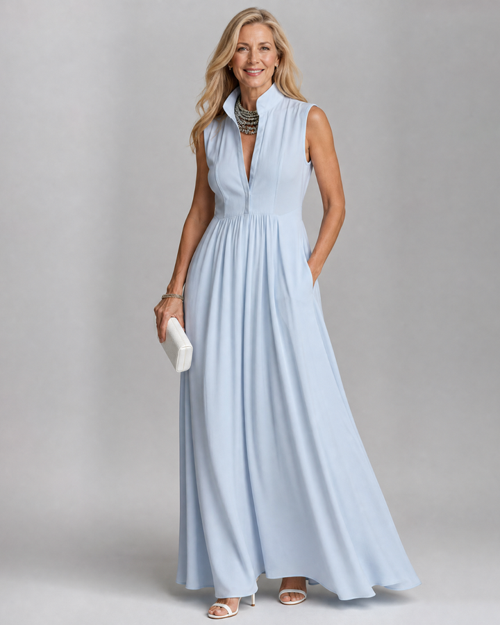 Virelia | Vestido Maxi Fluido Sem Mangas com Gola