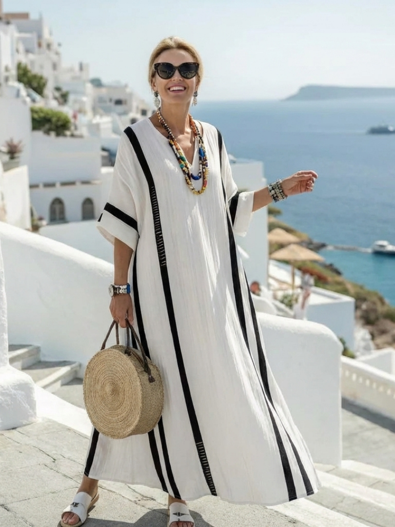 Elvienne | Vestido Maxi de Manga Curta com Blocos de Cor e Riscas