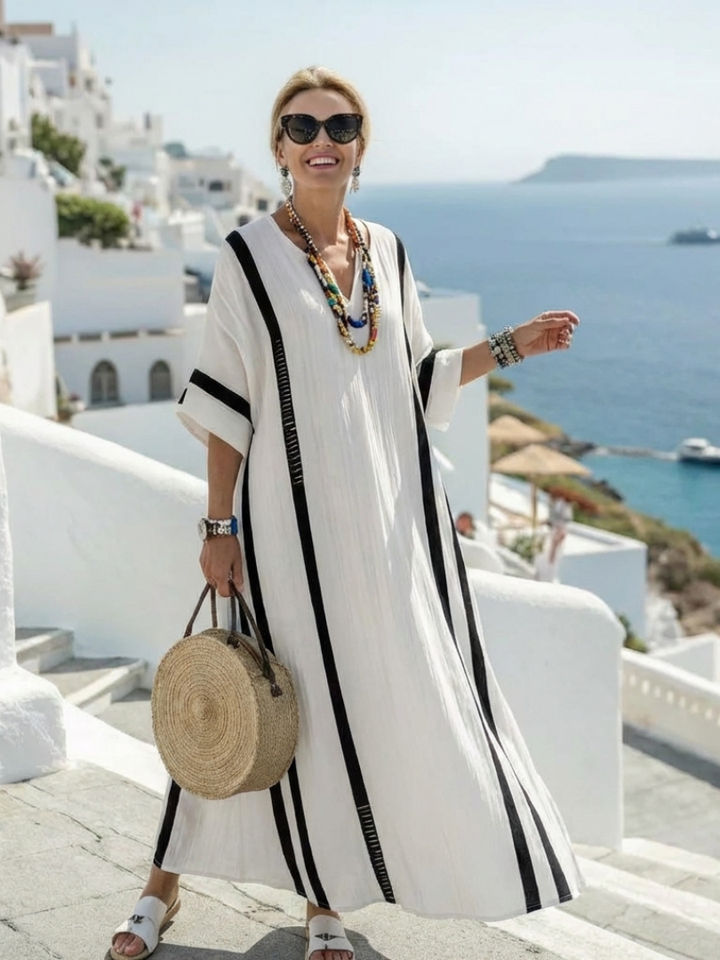 Elvienne | Vestido Maxi de Manga Curta com Blocos de Cor e Riscas
