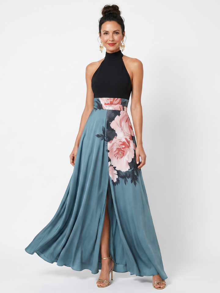 Olympas | Vestido Maxi de Saia Floral com Corpo Halter