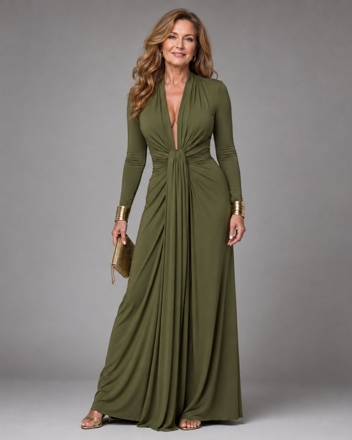 Vimmer | Vestido Maxi de Manga Longa com Decote V Profundo Drapado