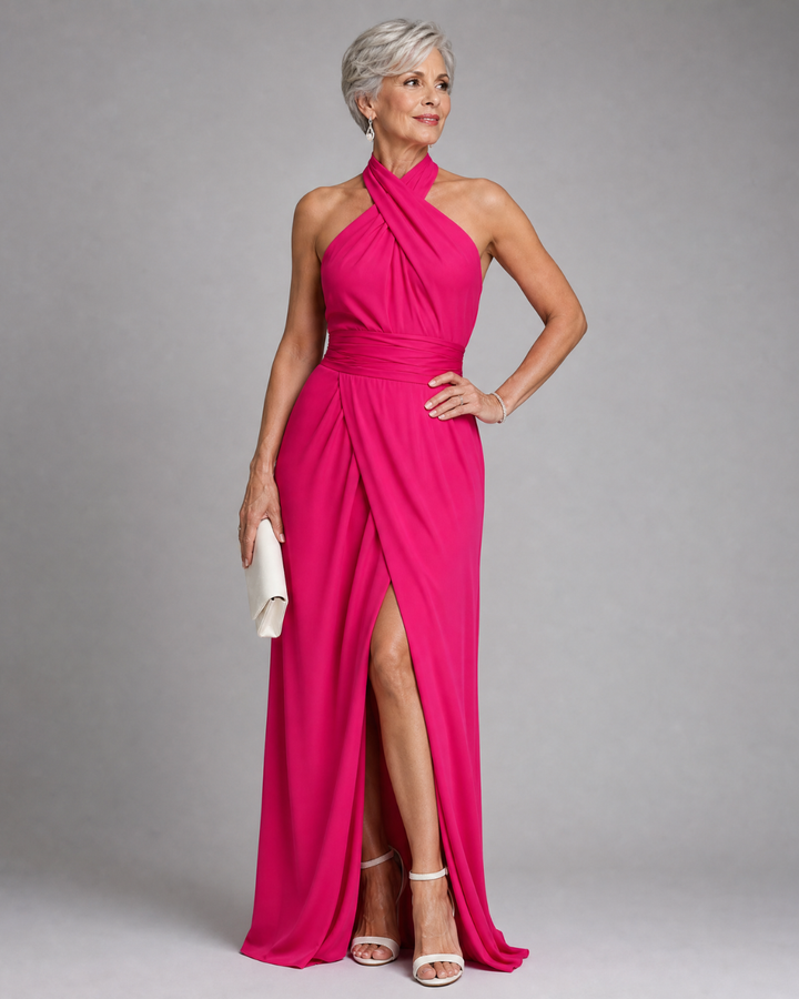 Vaelora | Vestido Midi com Decote Halter Cruzado e Fenda Lateral