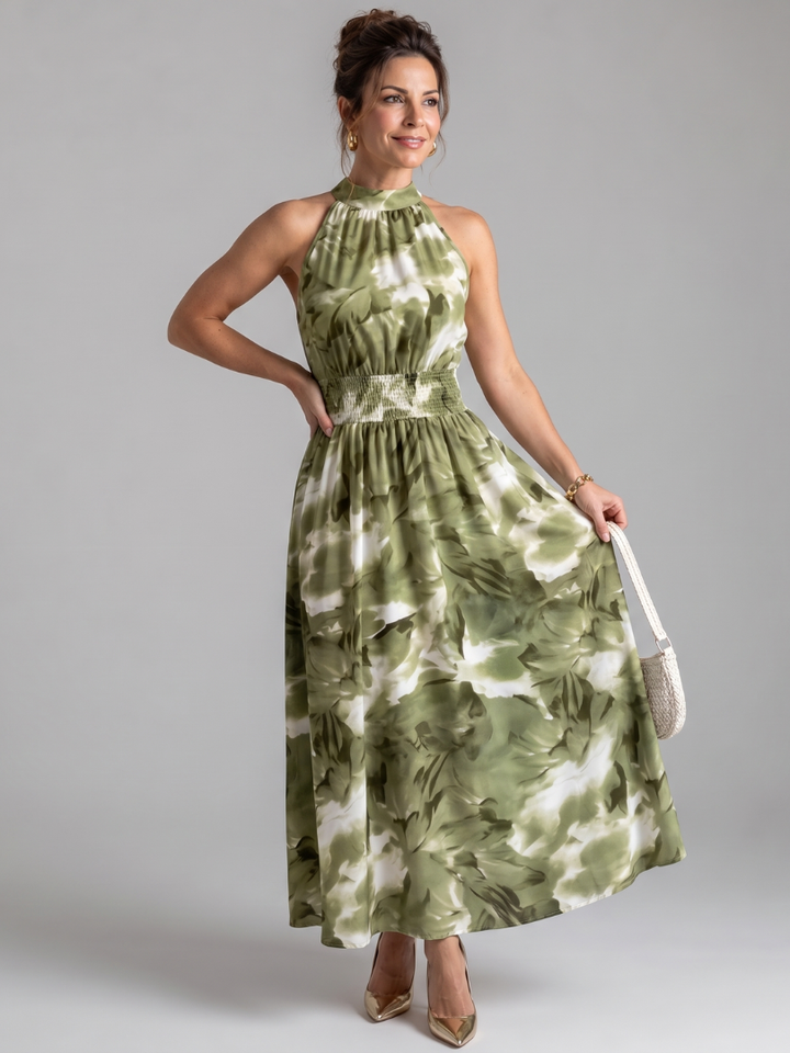 Olivia | Vestido Midi de Impressão Abstrata com Cintura Fruncida