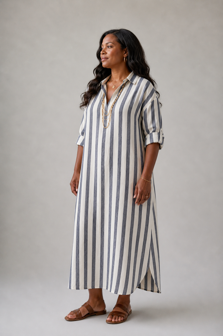 Naomi | Vestido Camisa Midi de Manga Larga às Riscas