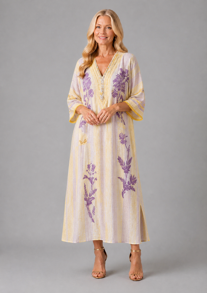Aurelia | Vestido Maxi Floral às Riscas com Decote em V e Manga Curta