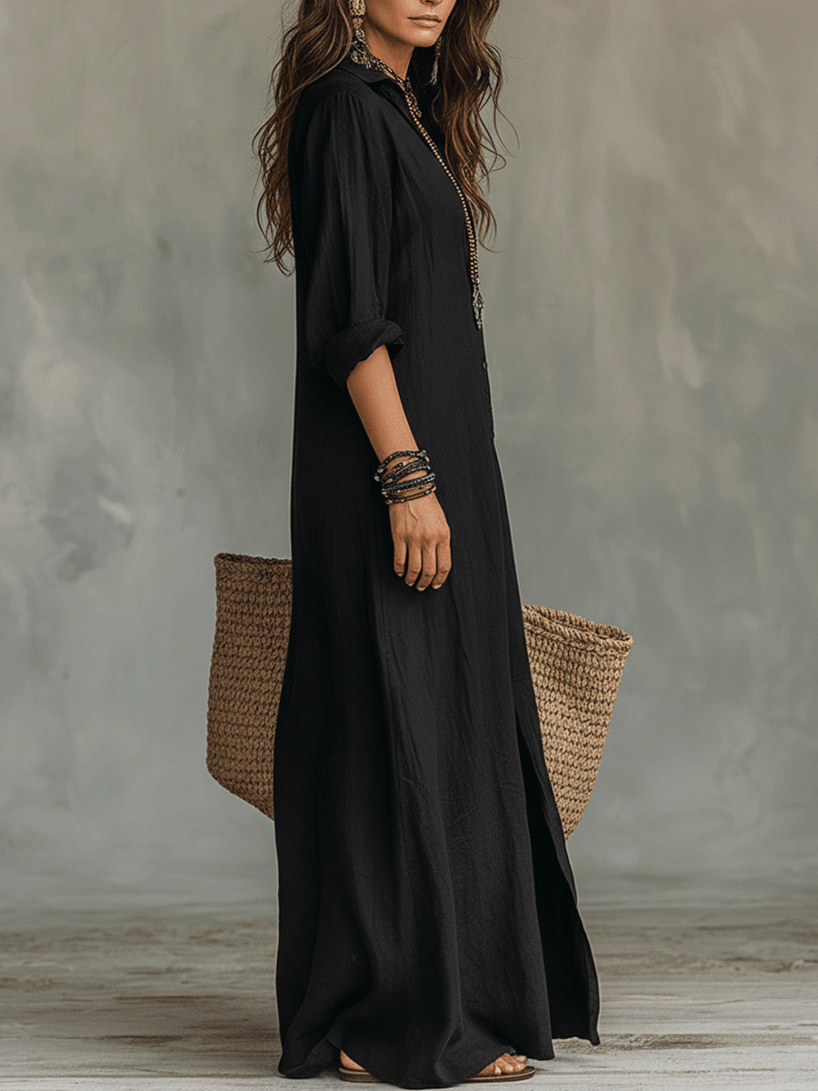 Vestido Maxi Camisa Boémio com Botões Pretos