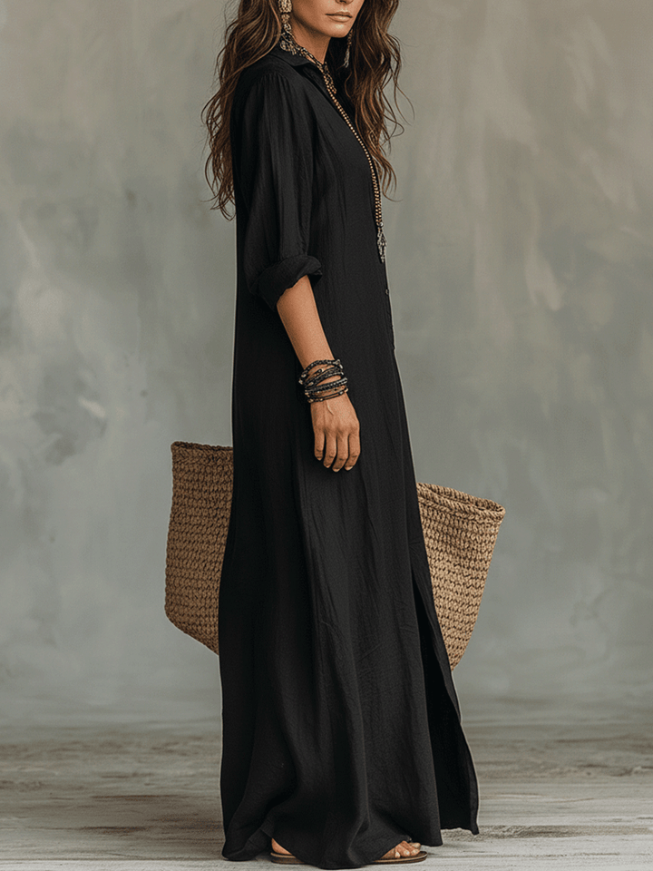 Vestido Maxi Camisa Boémio com Botões Pretos