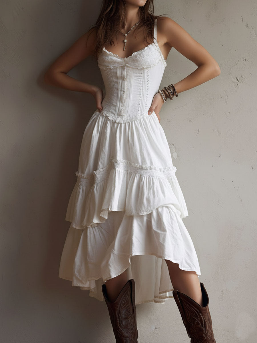 Vestido Midi Camisolado Retro Boho com Renda