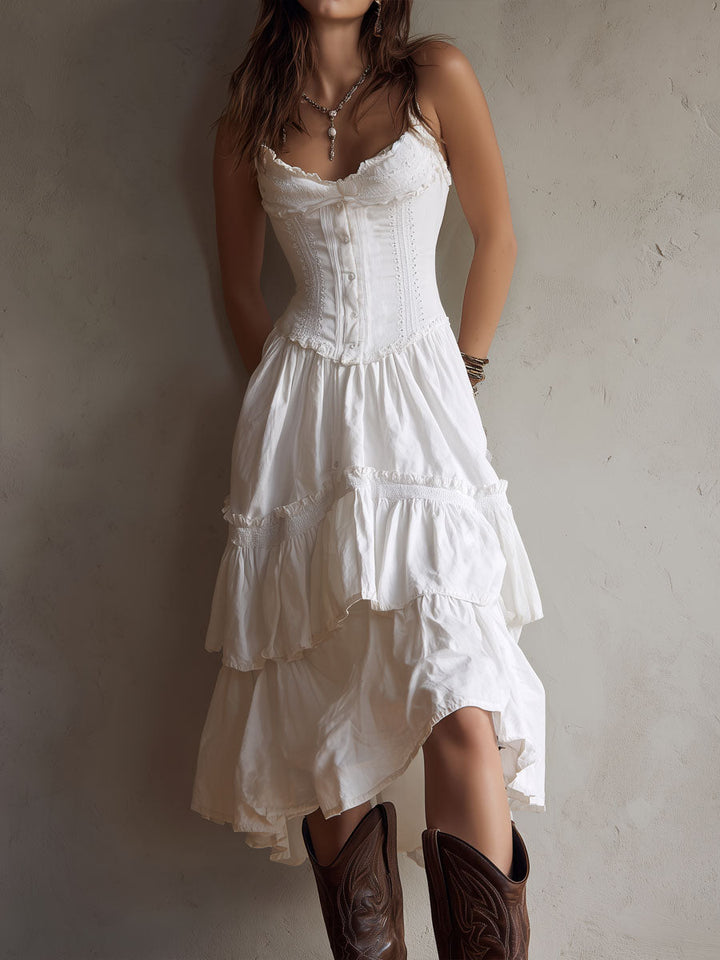 Vestido Midi Camisolado Retro Boho com Renda