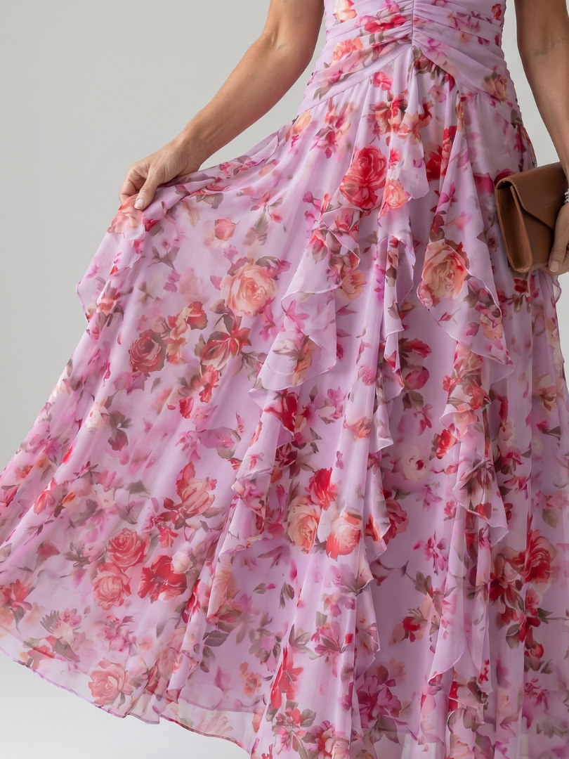 Nori | Vestido Maxi Floral com Decote Halter e Corpo Fruncido