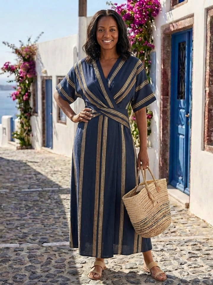 Saphira | Vestido midi cruzado às riscas com decote em V e mangas curtas