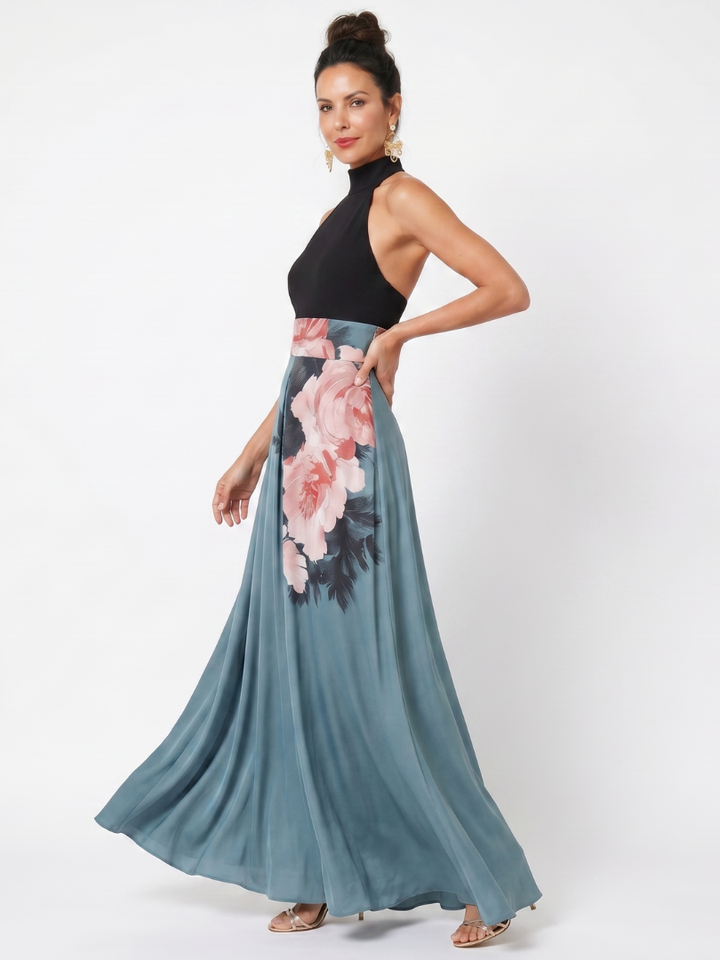 Olympas | Vestido Maxi de Saia Floral com Corpo Halter