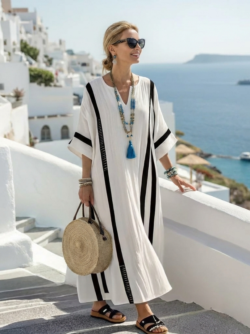 Elvienne | Vestido Maxi de Manga Curta com Blocos de Cor e Riscas