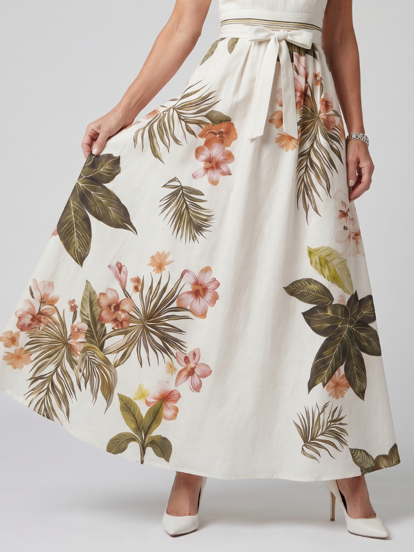 Pradera | Vestido Maxi de Painel Botânico com Decote Halter Drapado